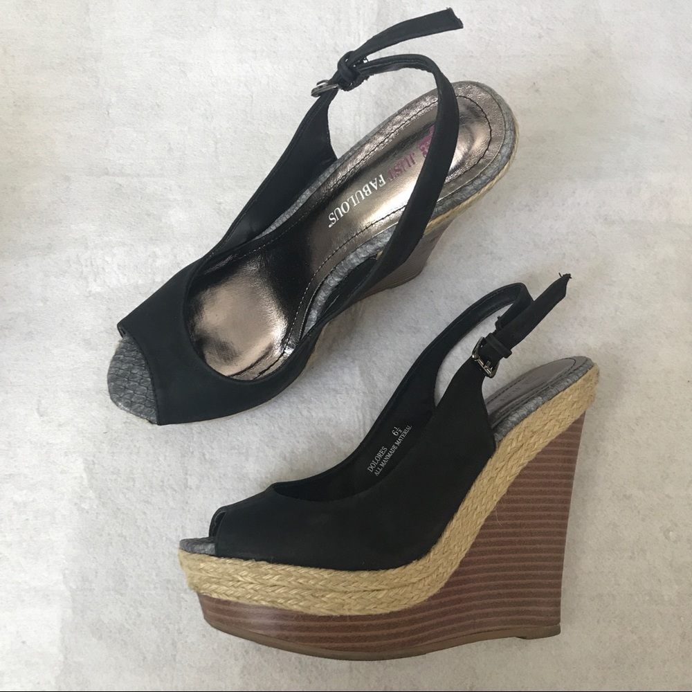 Black leather Peeptoe platform jute rope wedges